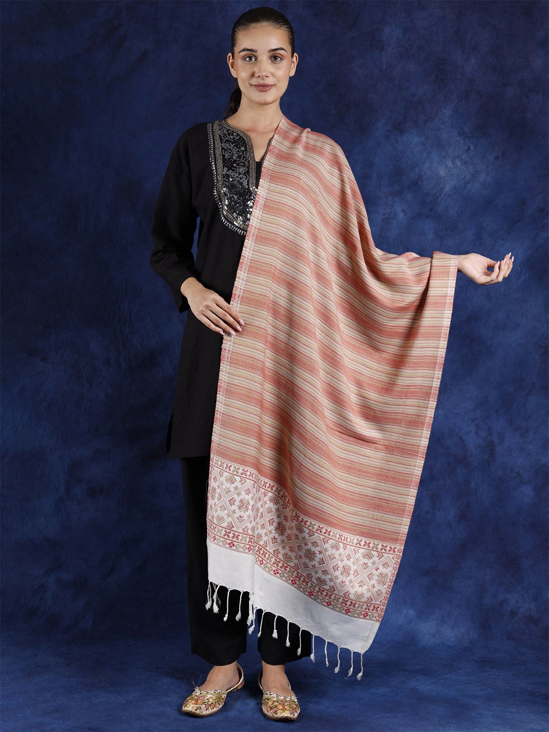

Exotic India Sand Multicolor Stripe Pattern Stole with Woven Motifs, Red