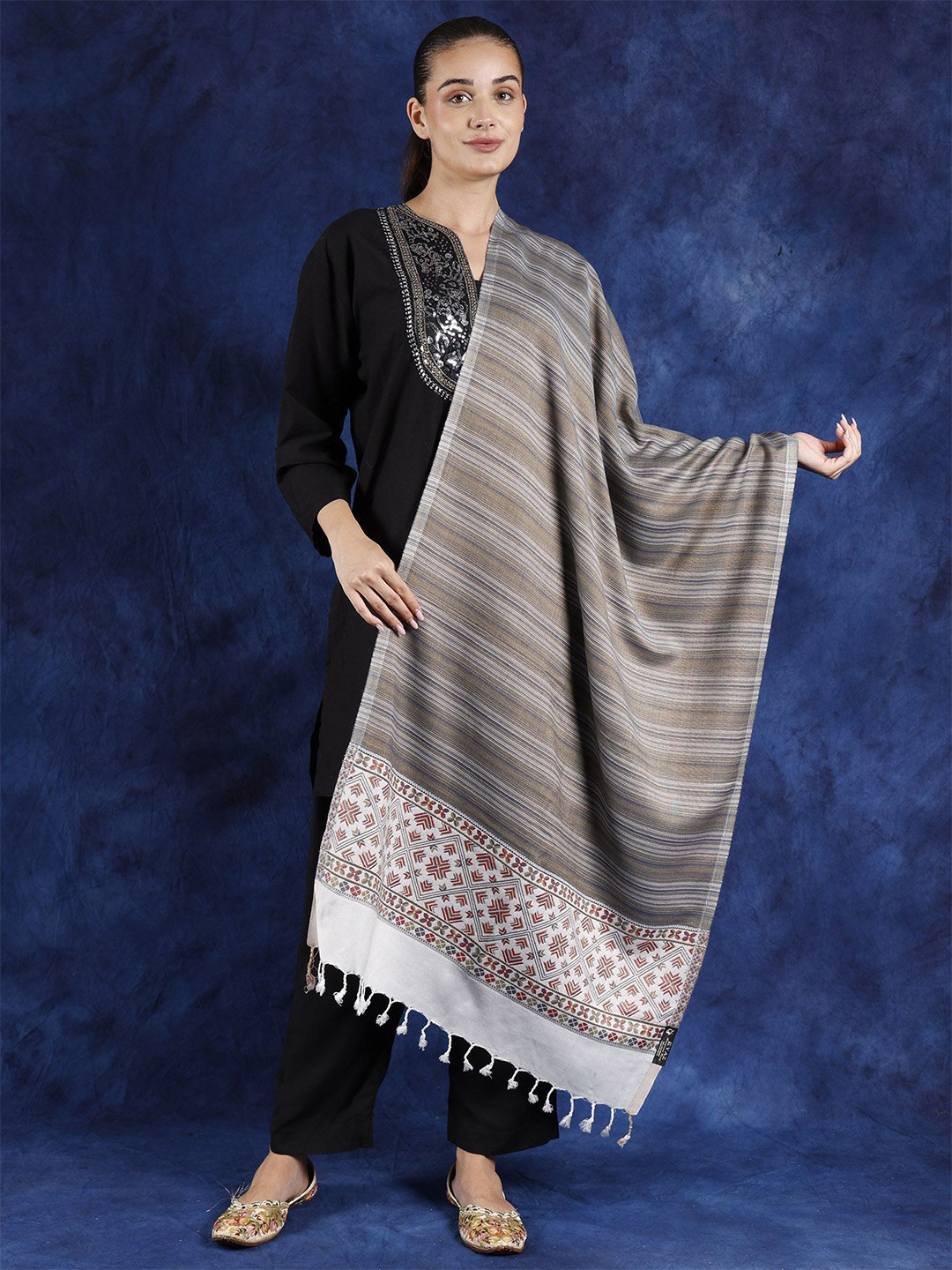

Exotic India Women Woven Design Stole, Grey