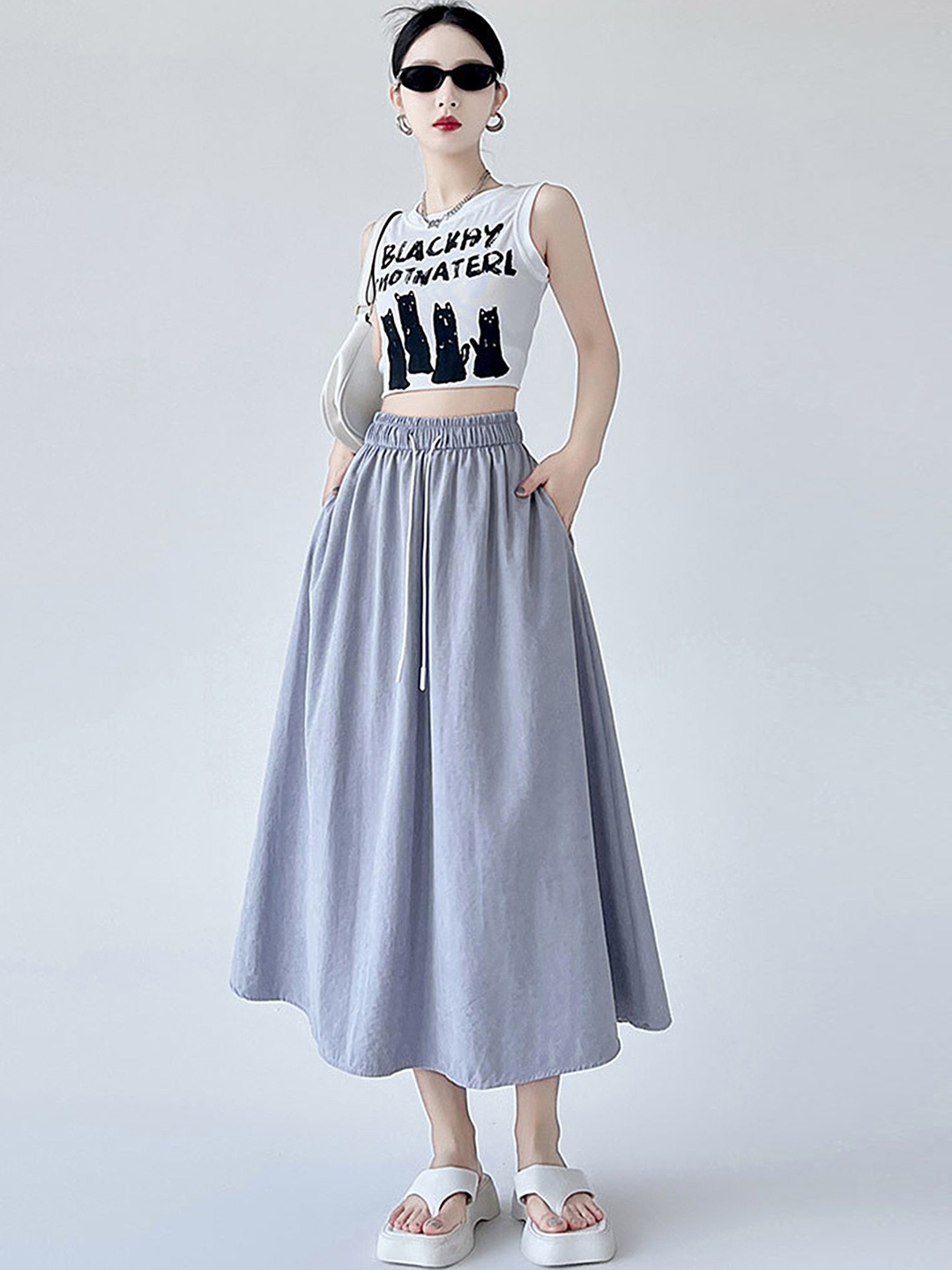 

LULU & SKY Drawstring Waist Flared A-Line Midi Skirt, Grey