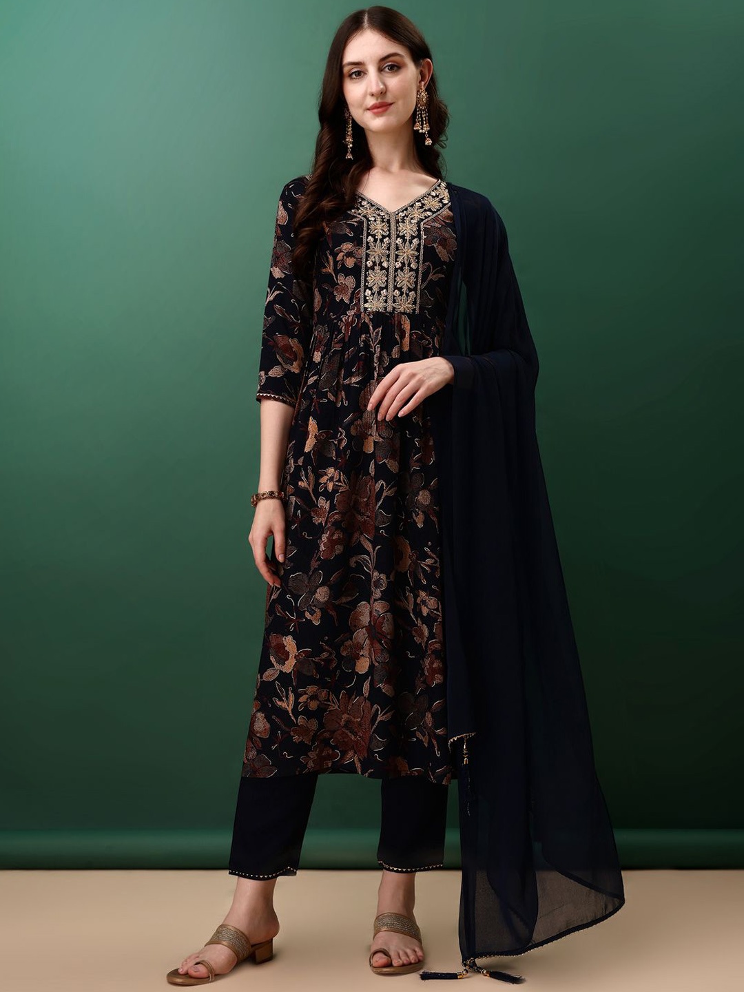 

KALINI Floral Printed Regular Sequinned Kurta with Trousers & Dupatta, Navy blue