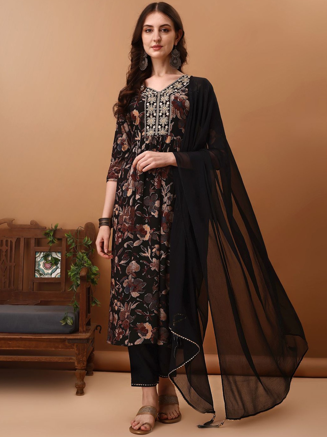 

KALINI Floral Printed Regular Sequinned Kurta with Trousers & Dupatta, Black