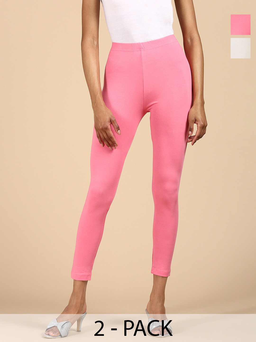 

De Moza Pack Of 2 Cotton Ankle-Length Leggings, Pink