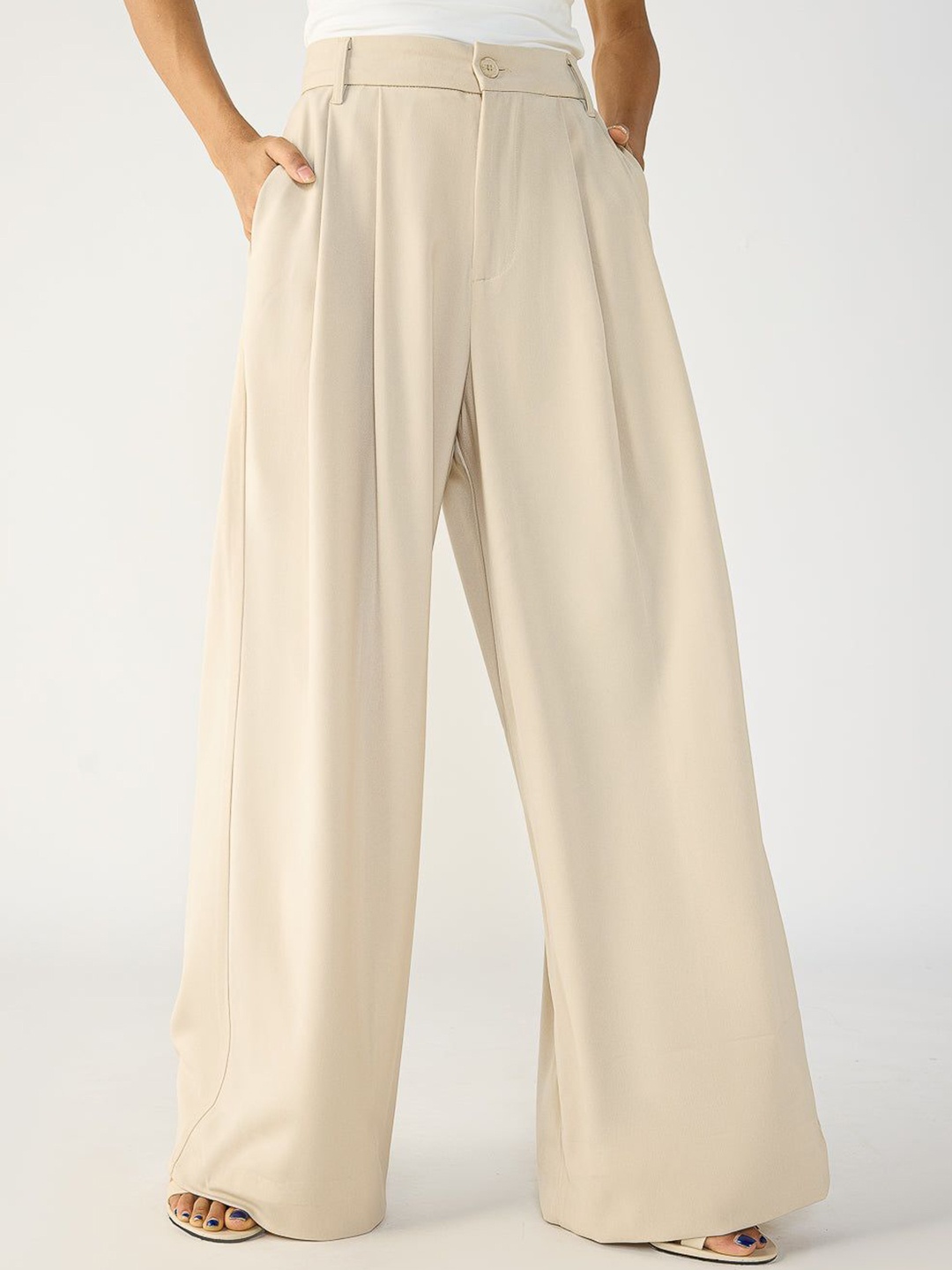 

FREAKINS Light Khaki Flared Formal Korean Pants, Beige