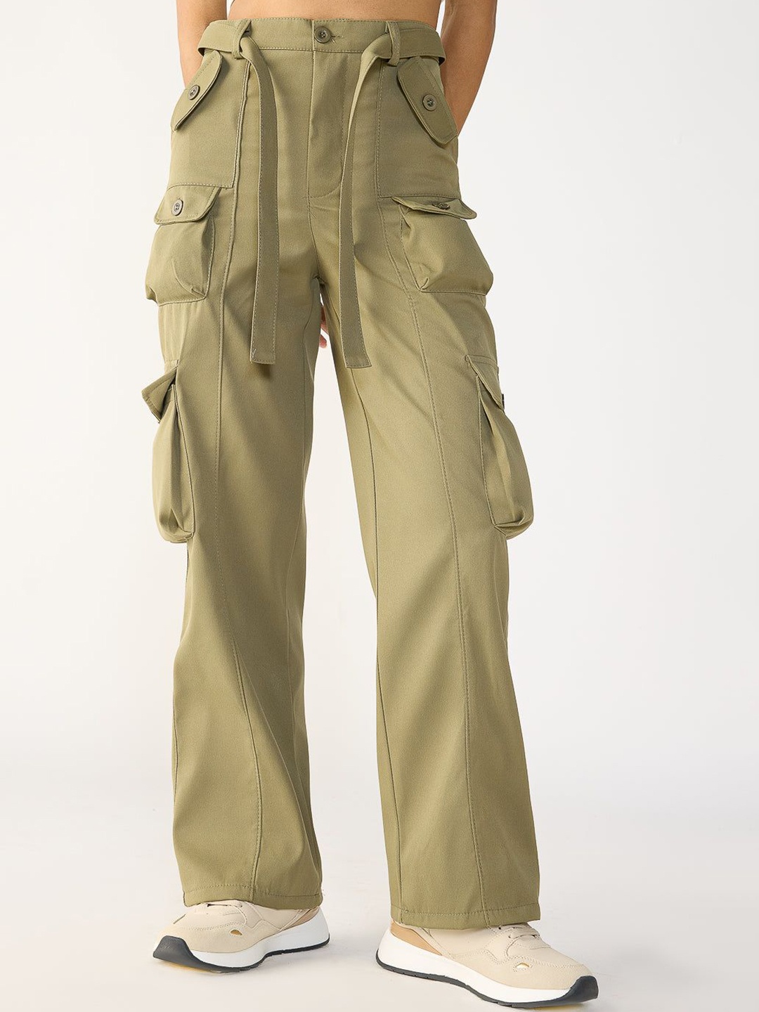 

FREAKINS Women Straight Fit High-Rise Cargos Trousers, Olive