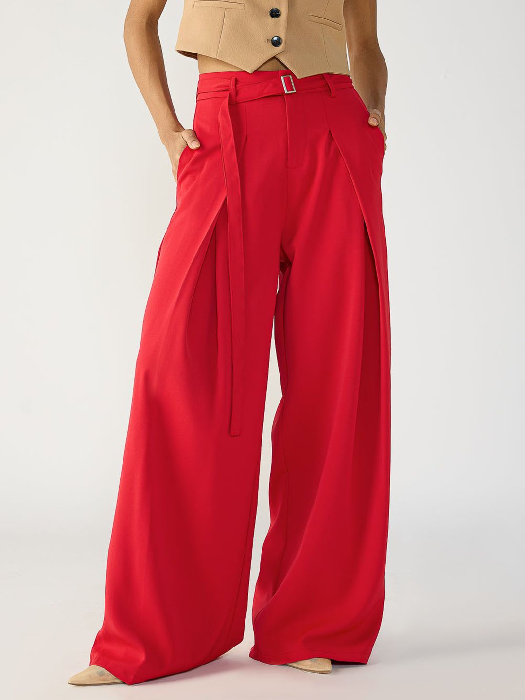 

FREAKINS Cherry Red Belted Flared Korean Pants