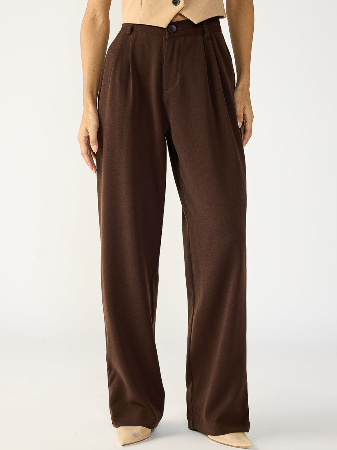 

FREAKINS Dark Brown Double Pleated Korean Pants