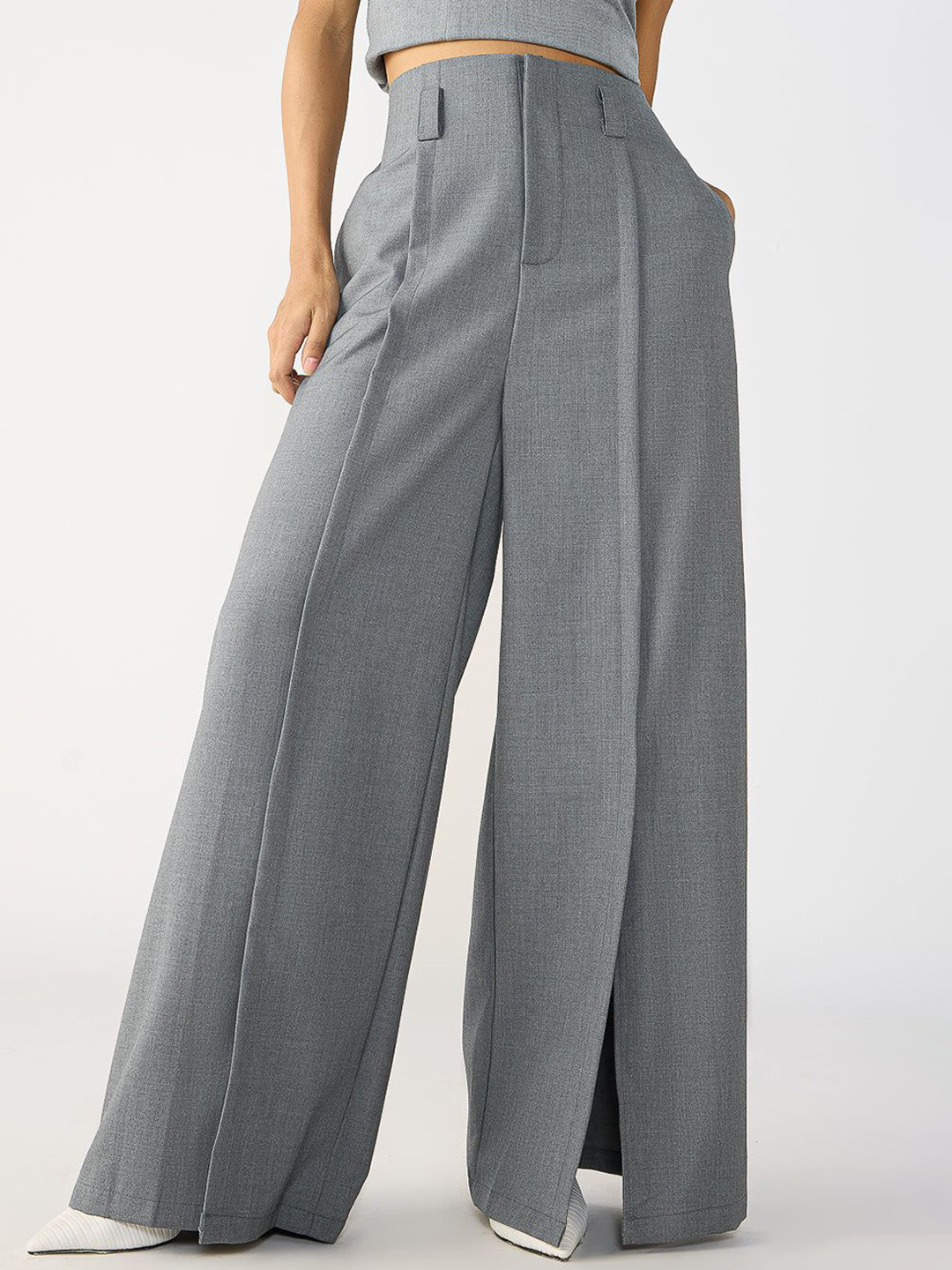 

FREAKINS Slubbed Grey Front Slited Korean Pants