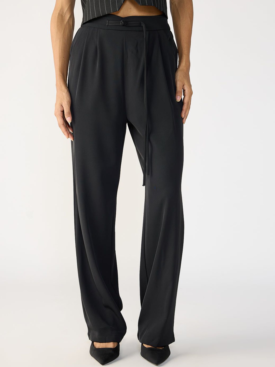 

FREAKINS Caviar Black Knotted Waist Korean Pants