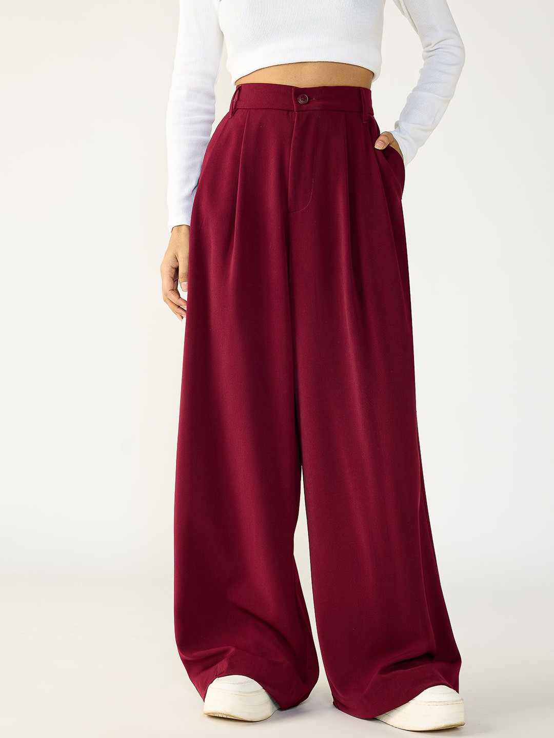 

FREAKINS Maroon Flared Formal Korean Pants, Red