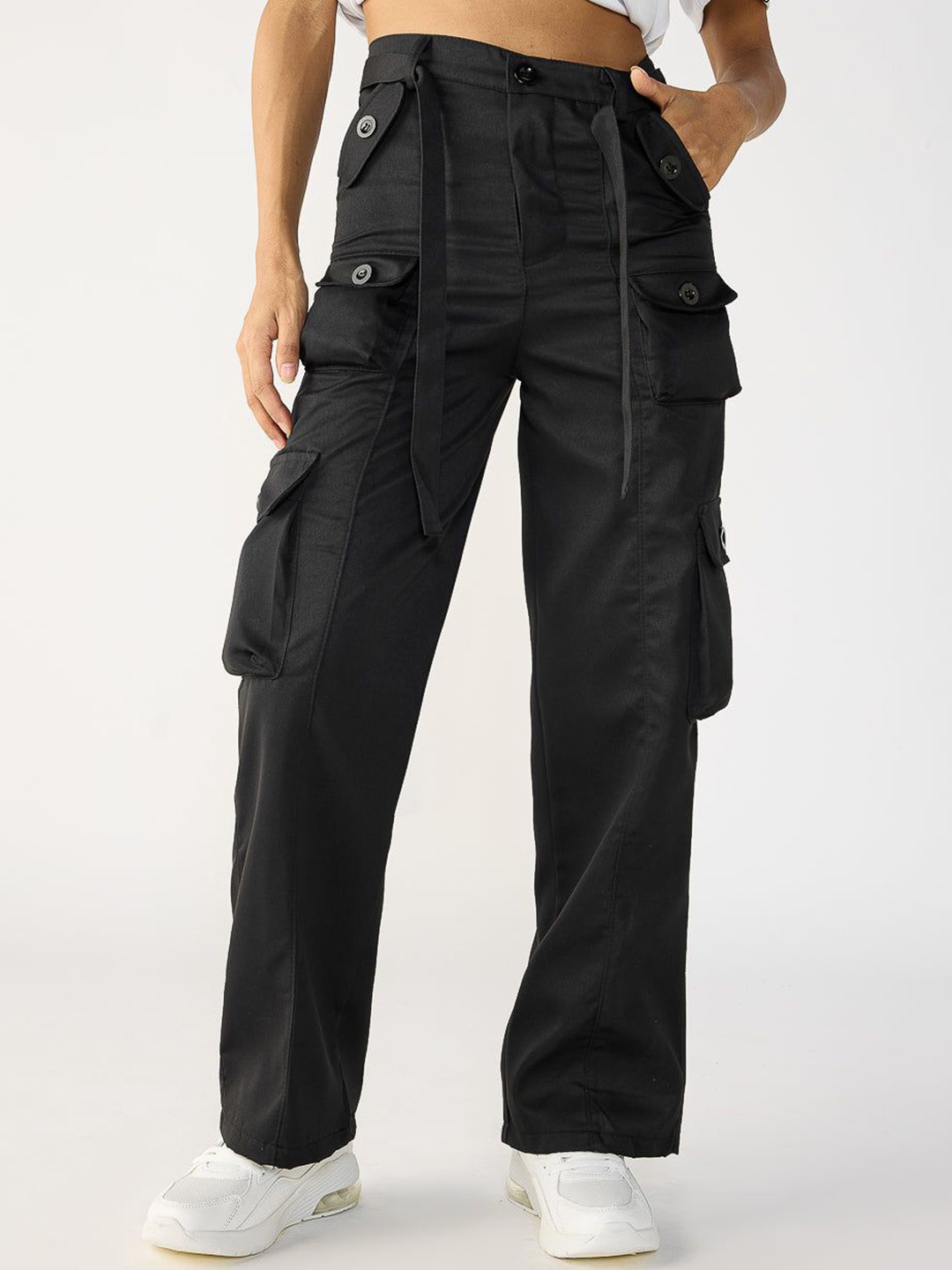 

FREAKINS Women Solid Straight Fit Mid-Rise Cargos Trousers, Black