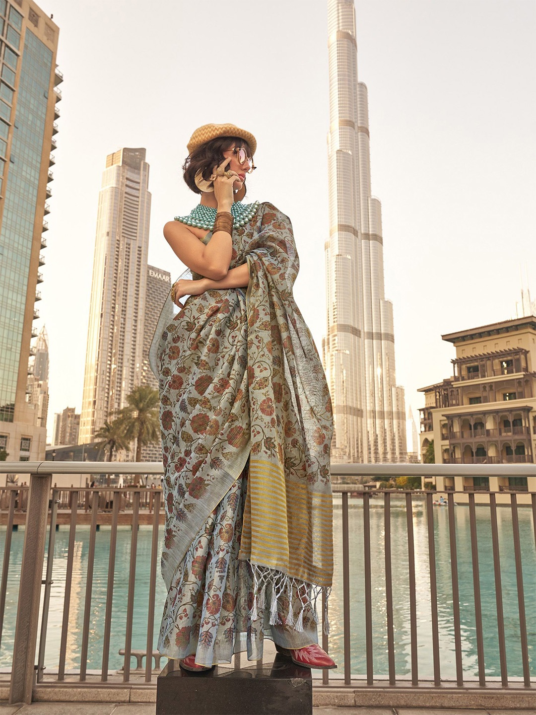 elora Ethnic Motifs Zari Woven Tassel Detail Saree, Grey