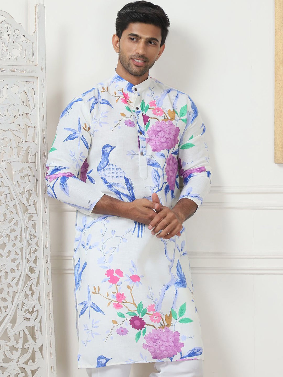 Jompers Floral Printed Band Collar Straight Pure Cotton Kurta, White