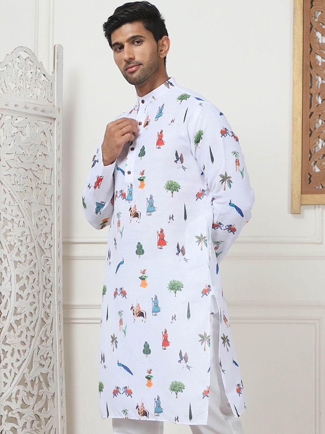 

Jompers Quirky Printed Band Collar Pure Cotton Straight Kurta, White