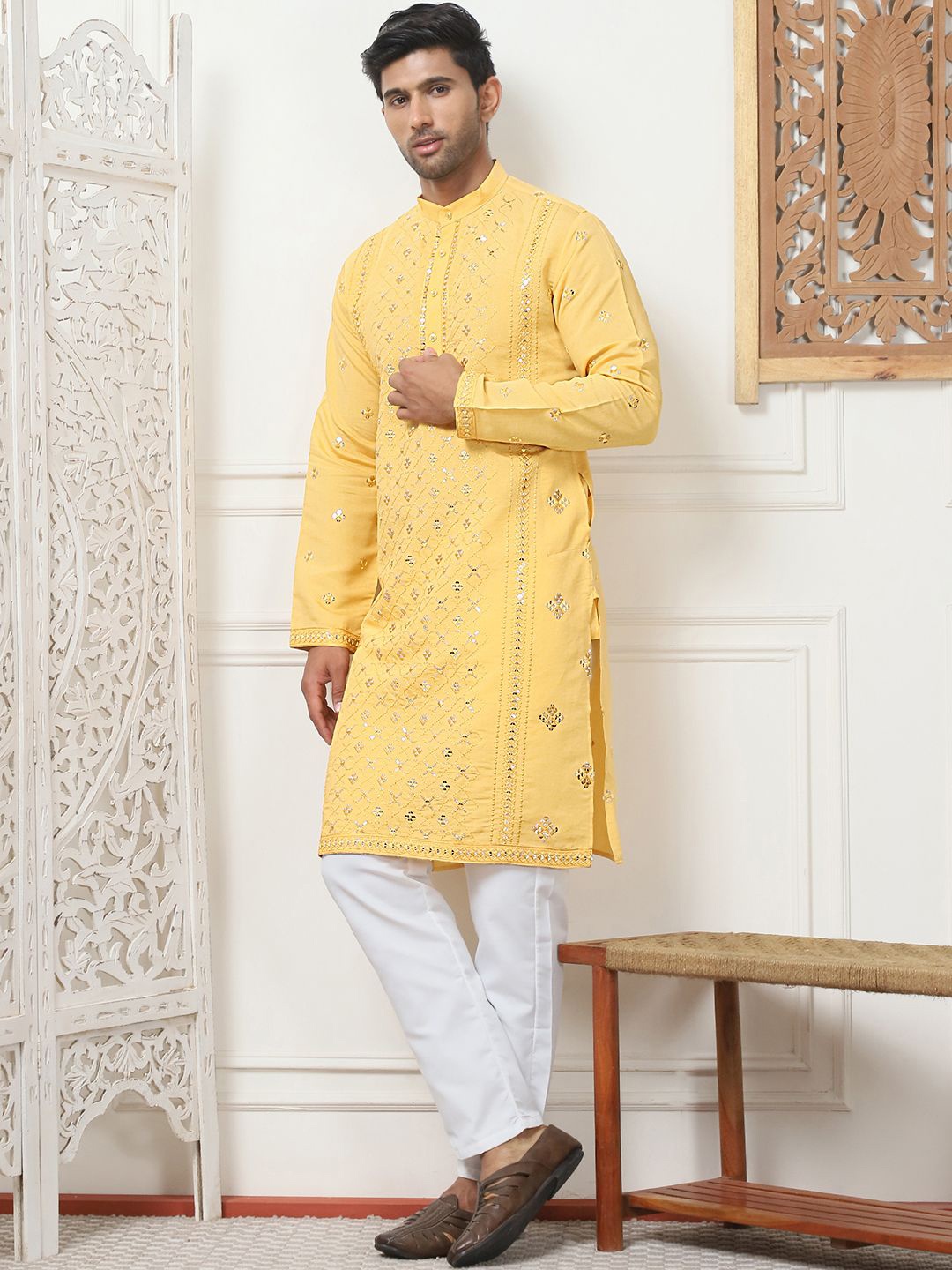

Jompers Floral Embroidered Mandarin Collar Thread Work Straight Kurta, Mustard