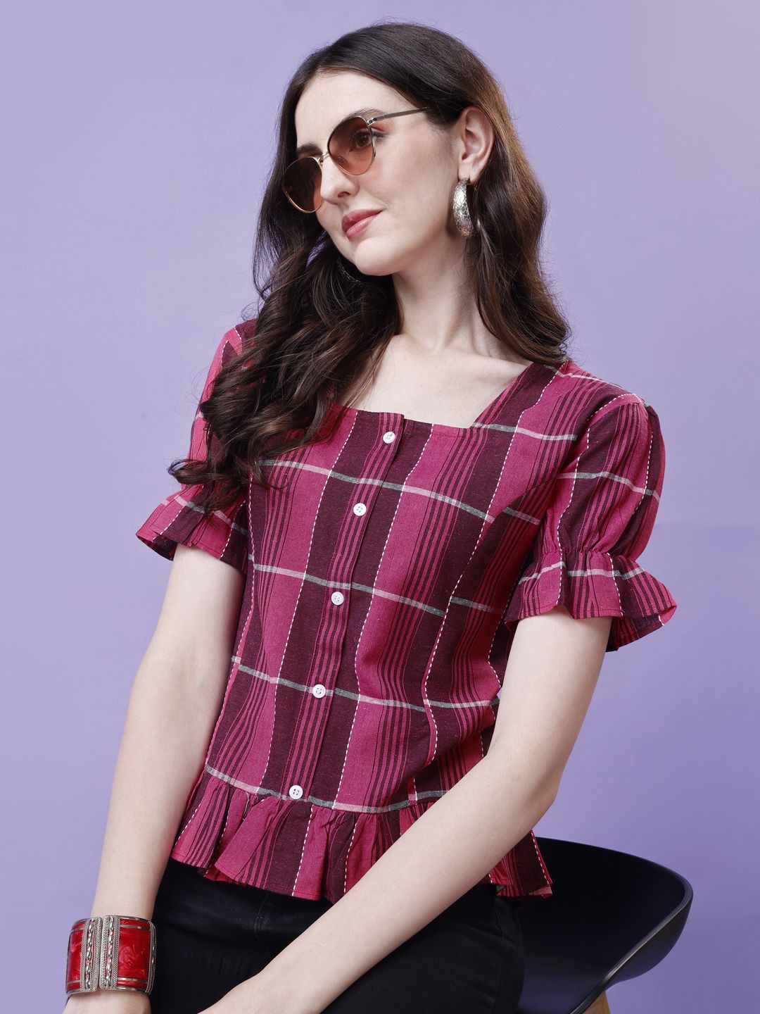 

Kinjo Checked Women Puff Sleeve Block Print Cotton Top, Pink