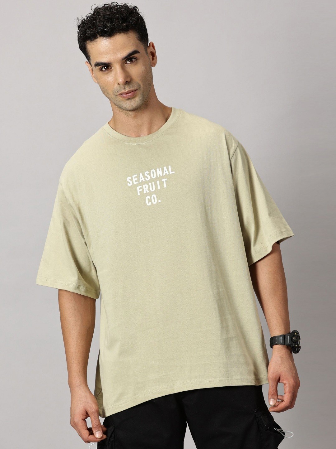 

THE HOLLANDER Men Graphic Printed Drop Shoulder Sleeve Cotton Oversized T-shirt, Taupe