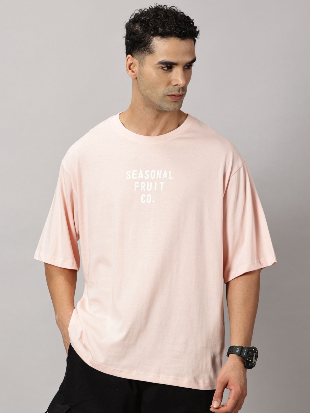

THE HOLLANDER Men Graphic Printed Drop Shoulder Sleeve Cotton Oversized T-shirt, Peach