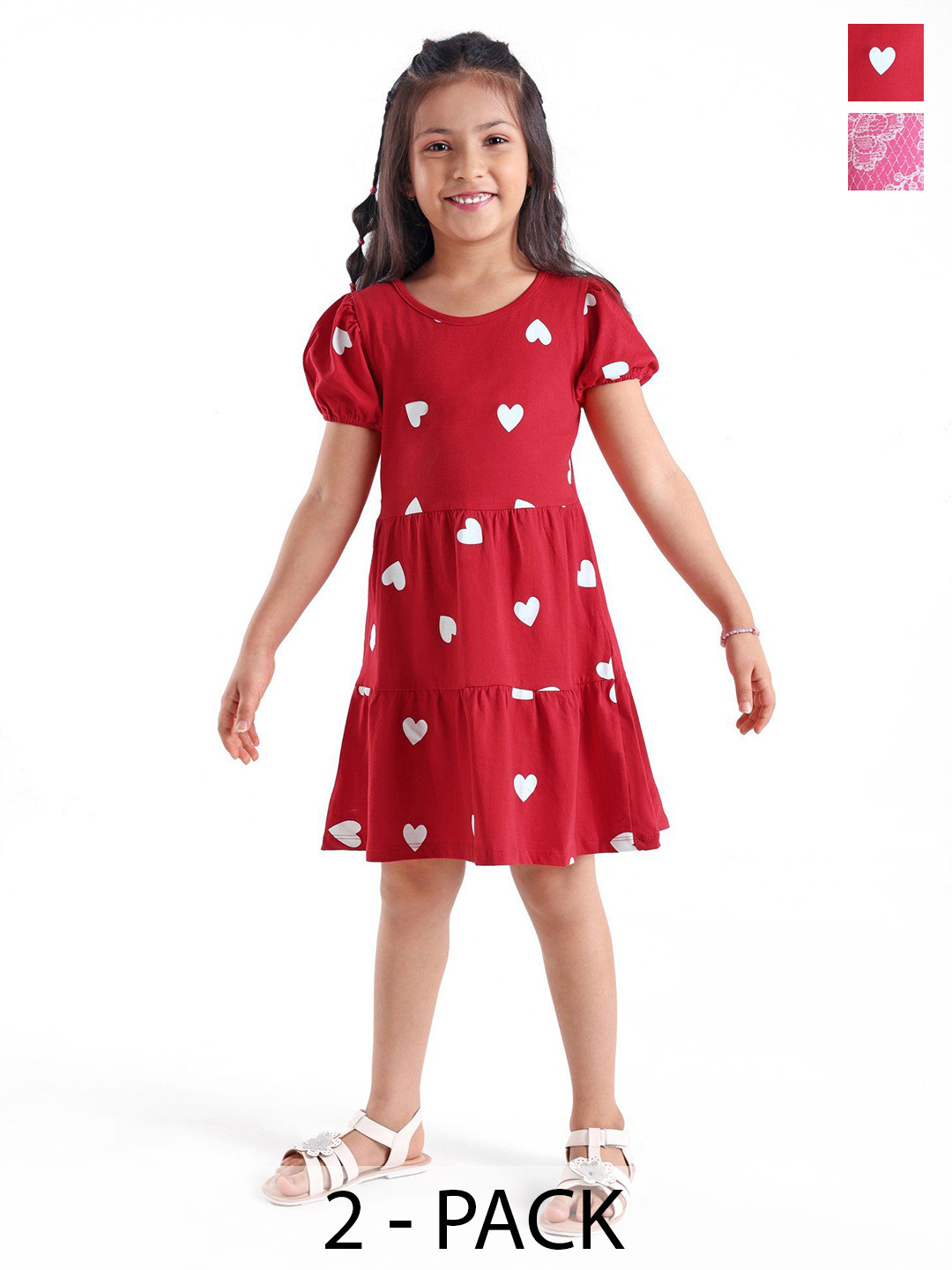 

Honeyhap Print Puff Sleeve A-Line Dress Pack of 2, Red