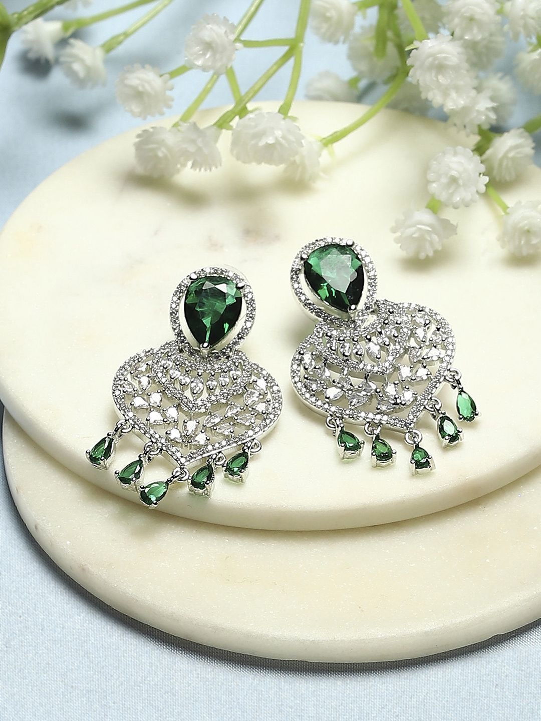 

Biba Silver-Plated Stone-Studded Contemporary Drop Earrings, Green