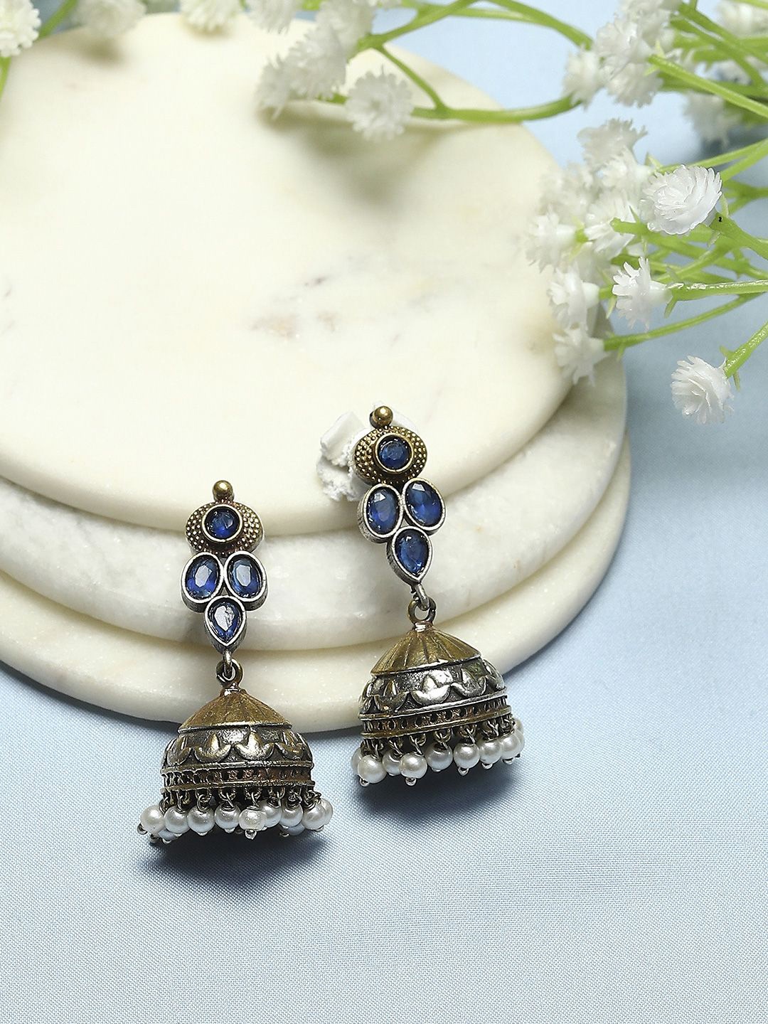 

Biba Silver Plated Stone Studded & Beaded Dome Shaped Jhumkas