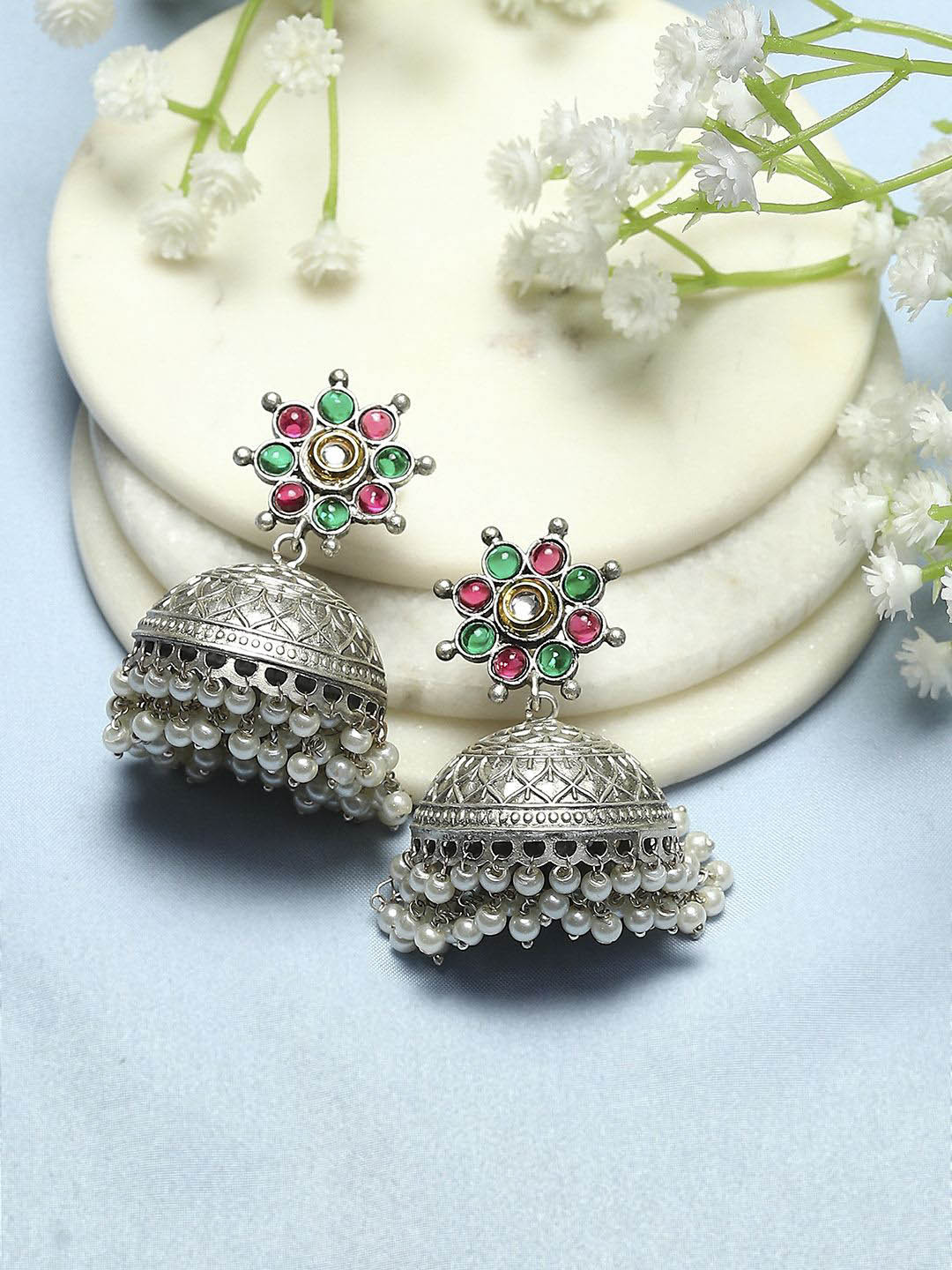

Biba Silver Plated Stone Studded & Beaded Beaded Dome Shaped Jhumkas