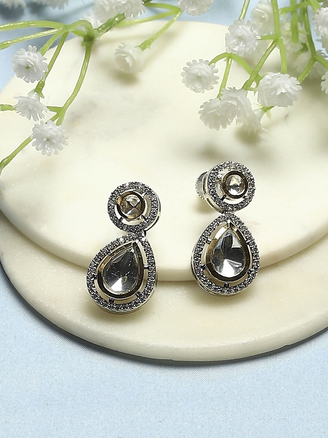 

Biba Silver Plated Stone Studded Teardrop Shaped Drop Earrings, Gold