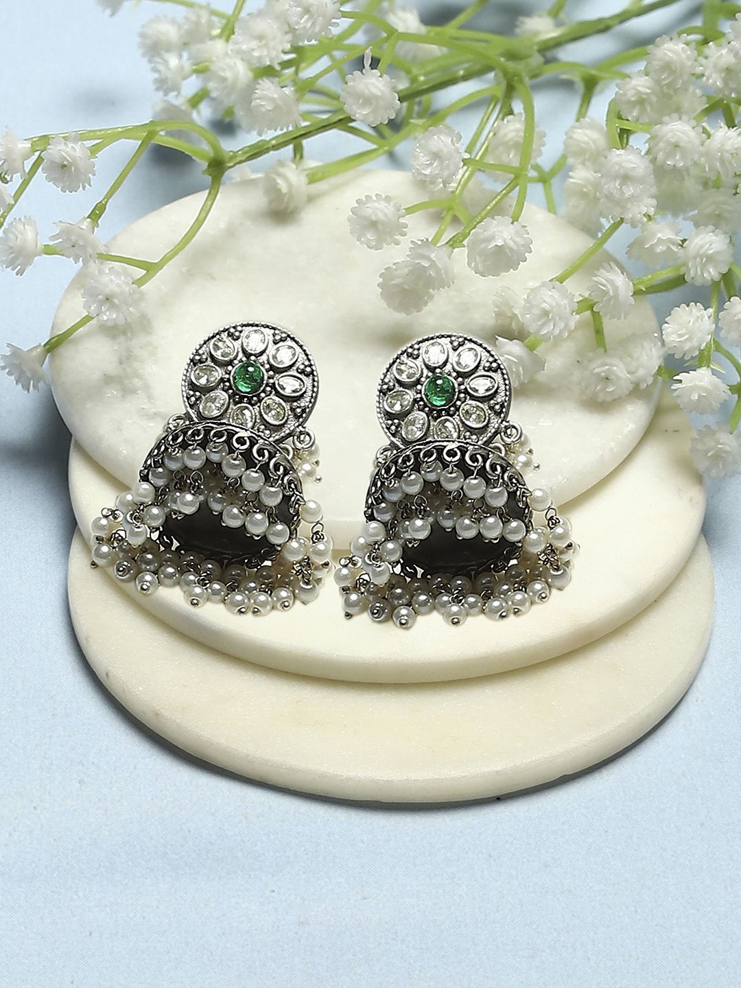

Biba Silver Plated Stone Studded & Beaded Dome Shaped Jhumkas
