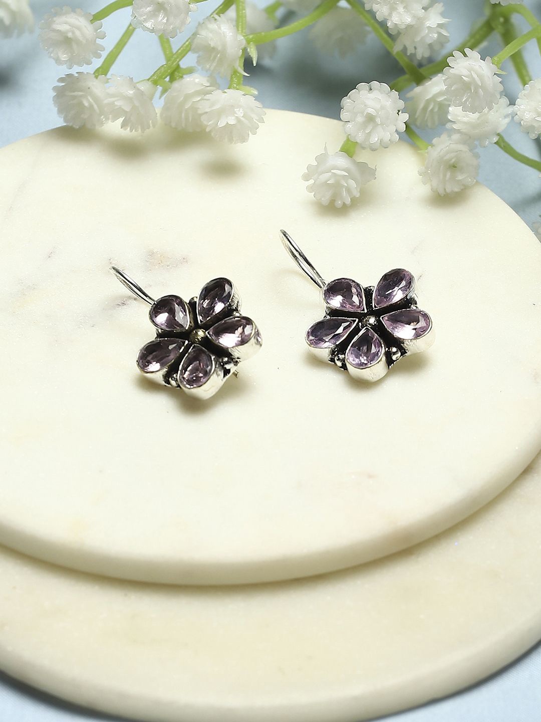 

Biba Silver Plated Stone Studded Floral Drop Earrings