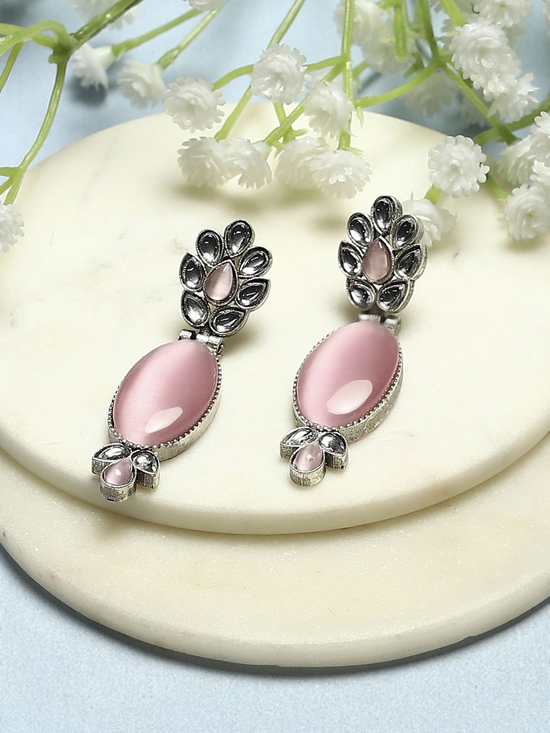 

Biba Silver Plated Stone Studded Contemporary Drop Earrings