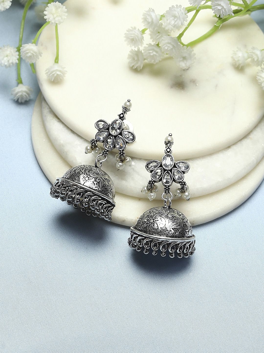 

Biba Silver-Plated Stone-Studded & Beaded Dome Shaped Jhumkas
