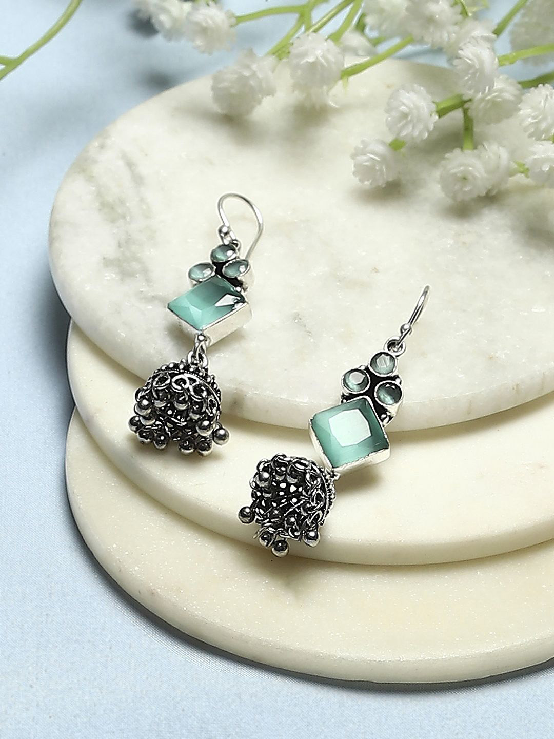 

Biba Silver-Plated Stone-Studded Contemporary Oxidised Drop Earrings