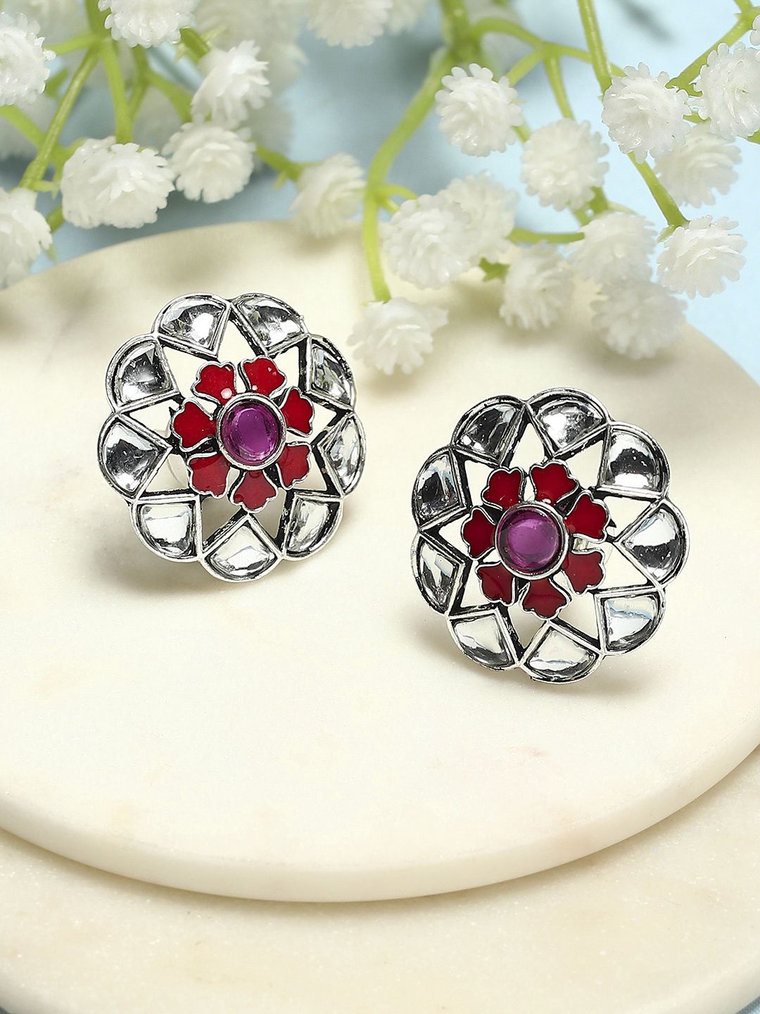 

Biba Silver-Plated Stone-Studded Contemporary Studs Earrings