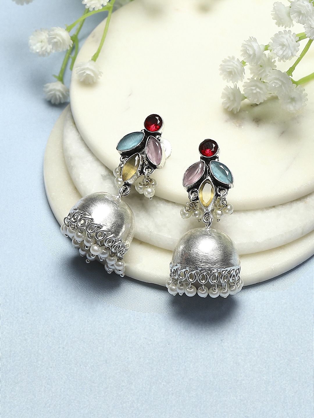 

Biba Silver-Plated Stone-Studded & Beaded Contemporary Jhumkas