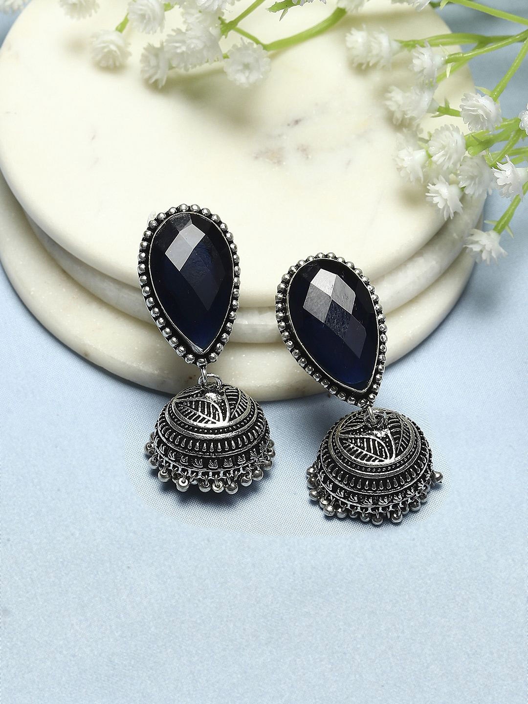 

Biba Silver-Plated Stone-Studded Contemporary Jhumkas