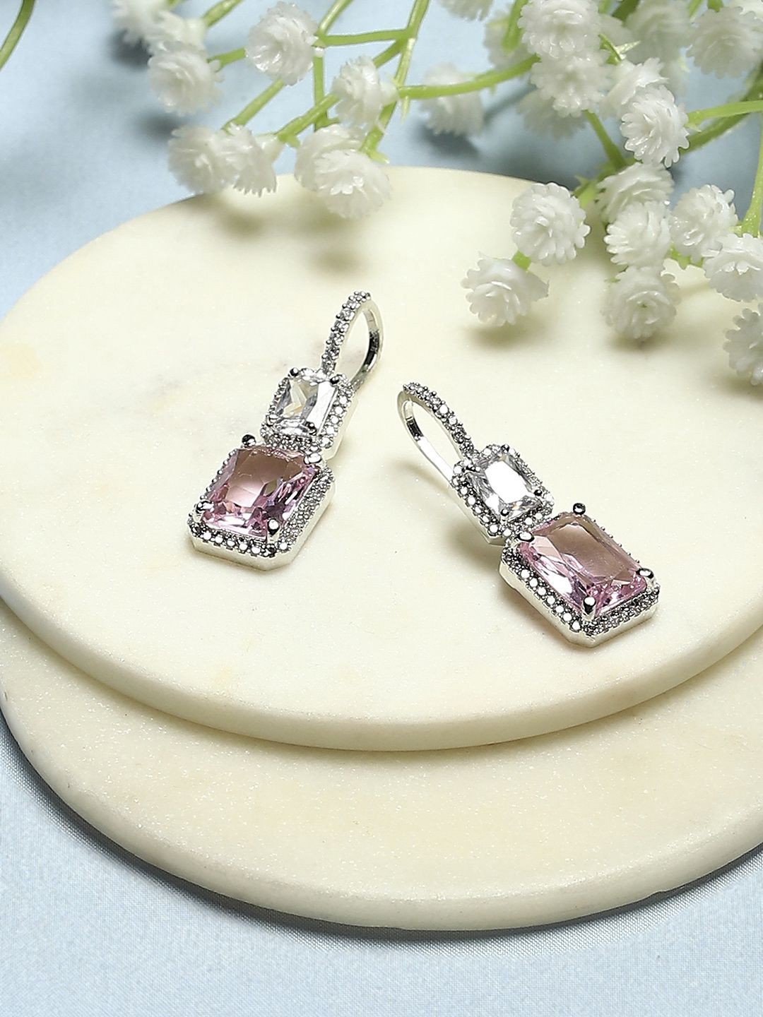 

Biba Silver-Plated Stone-Studded Contemporary Drop Earrings