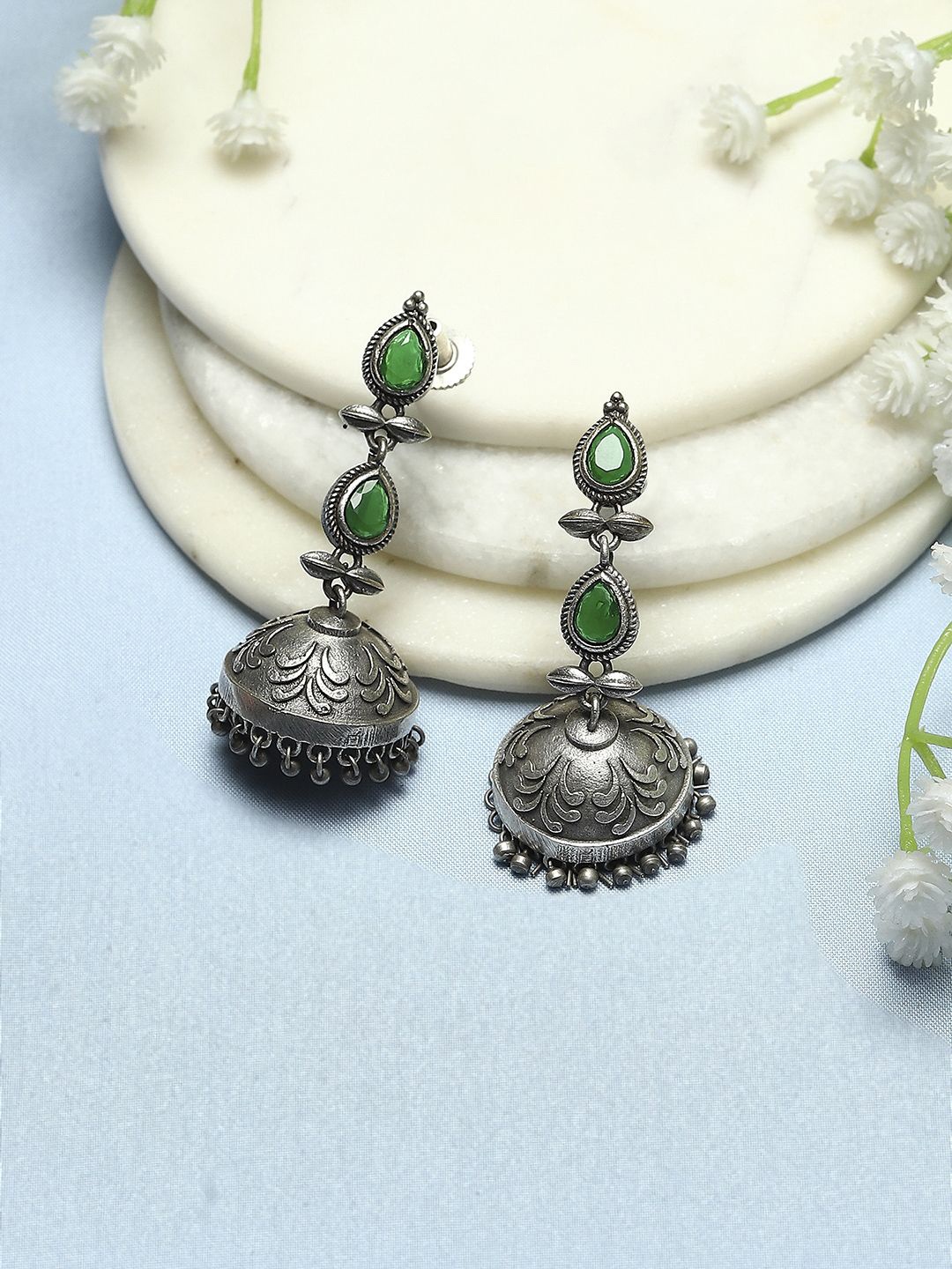 

Biba Silver-Plated Stone-Studded Contemporary Jhumkas