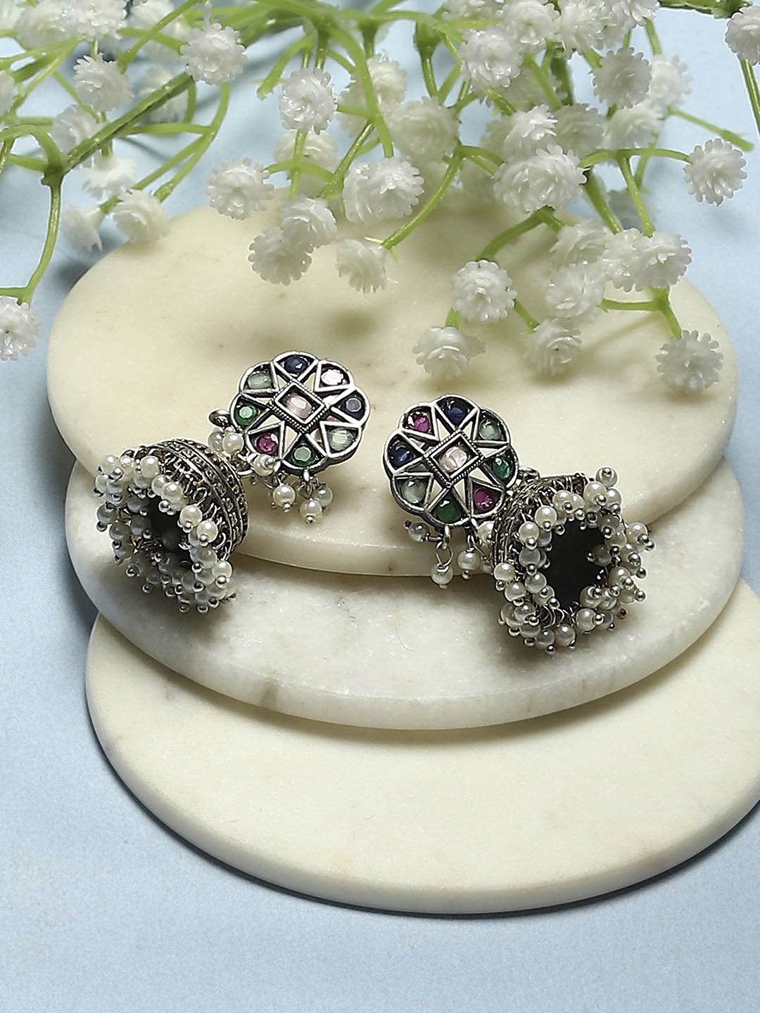 

Biba Silver-Plated Stone-Studded & Beaded Dome Shaped Jhumkas