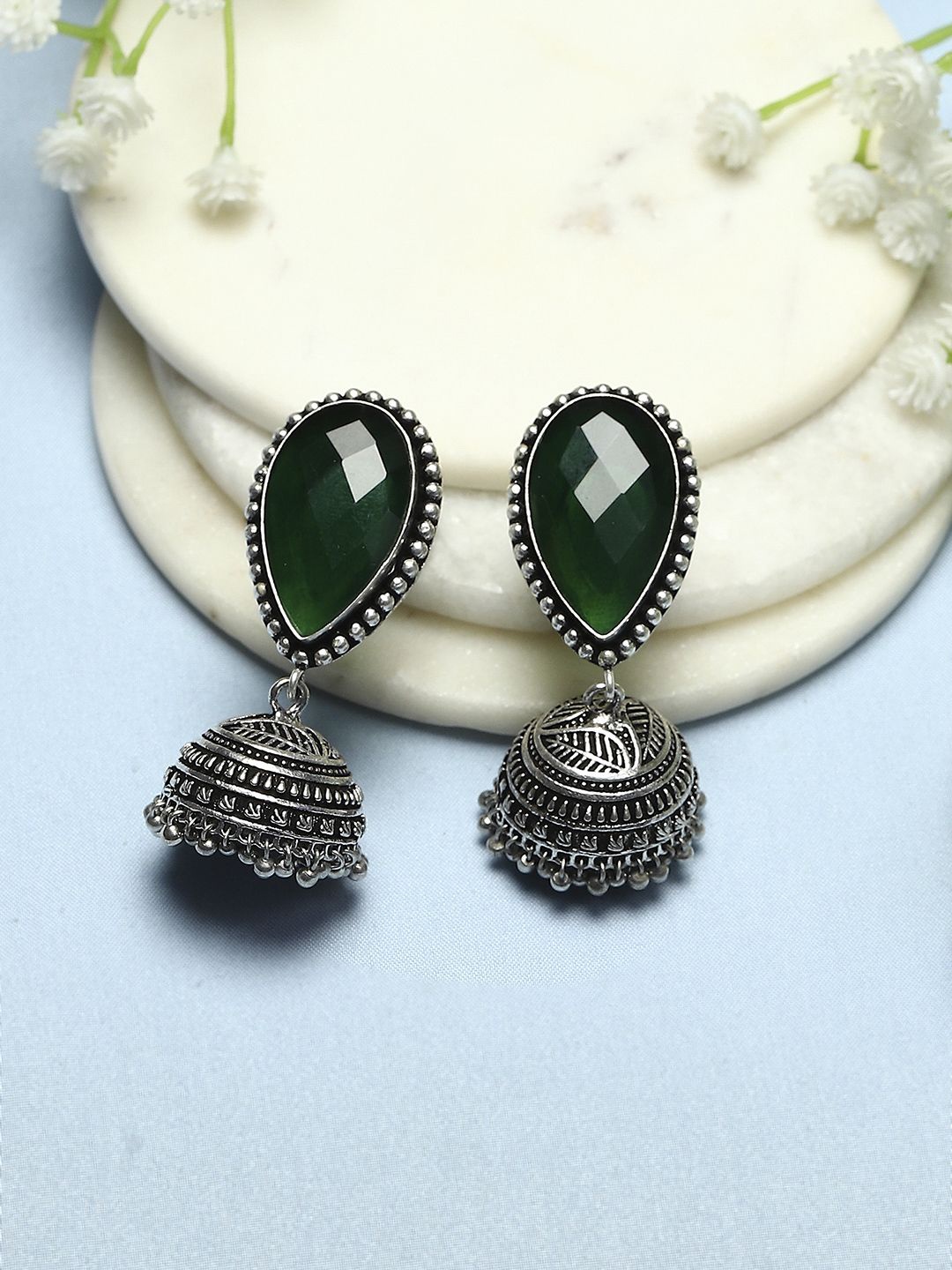 

Biba Silver-Plated Dome Shaped Jhumkas, Green