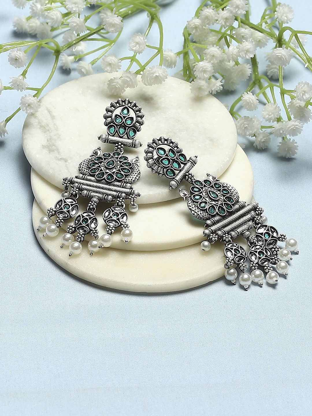 

Biba Silver-Plated Contemporary Oxidised Drop Earrings, Green
