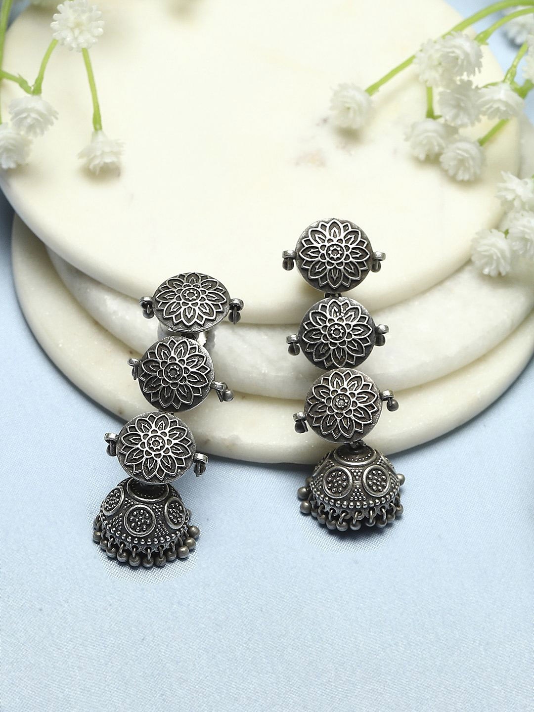 

Biba Silver-Plated Beaded Contemporary Oxidised Drop Earrings