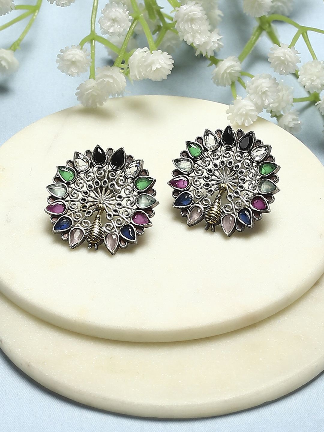 

Biba Silver-Plated Stone Studded Contemporary Studs Earrings