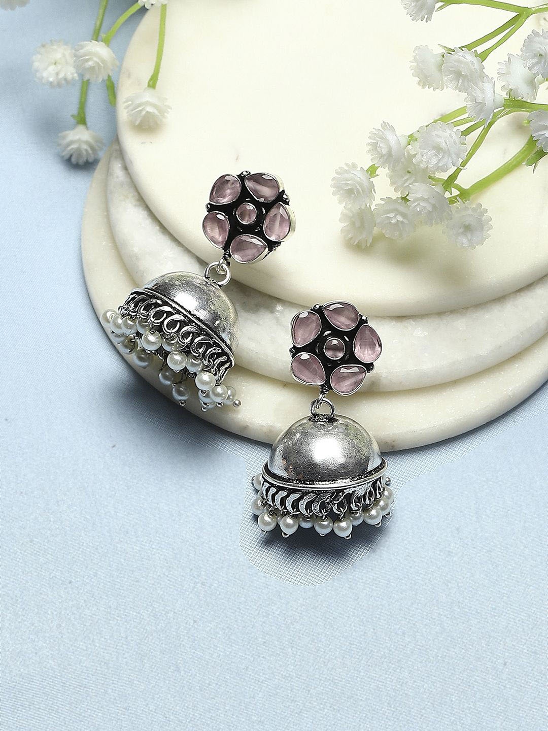 

Biba Silver-Plated Stone Studded Contemporary Jhumkas