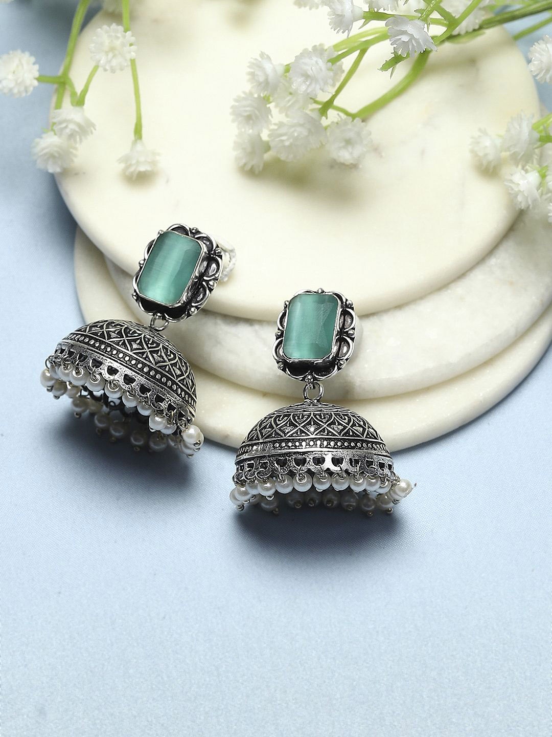 

Biba Silver-Plated Stone Studded & Beaded Contemporary Oxidised Jhumkas