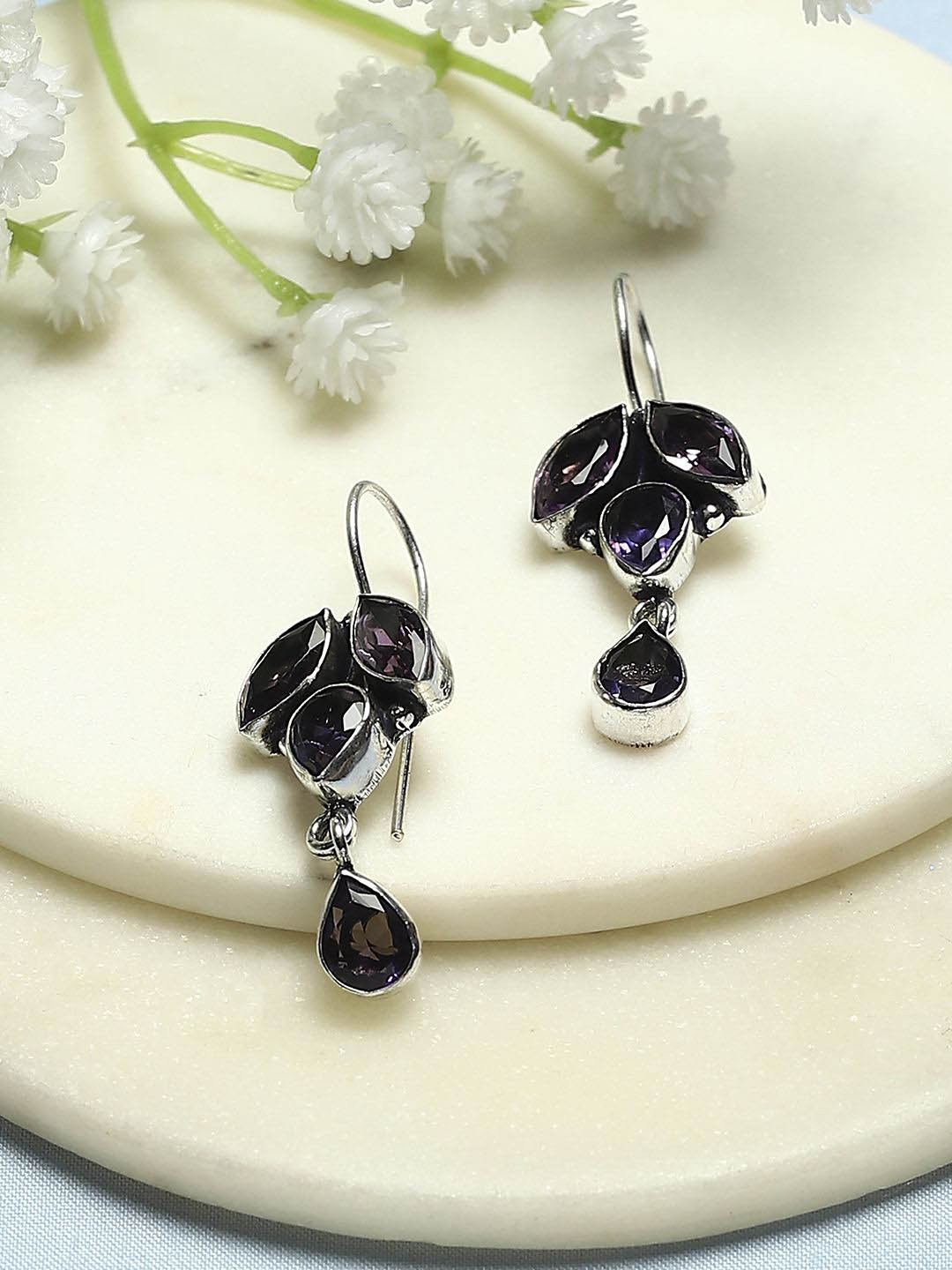 

Biba Silver-Plated Stone Studded Contemporary Drop Earrings