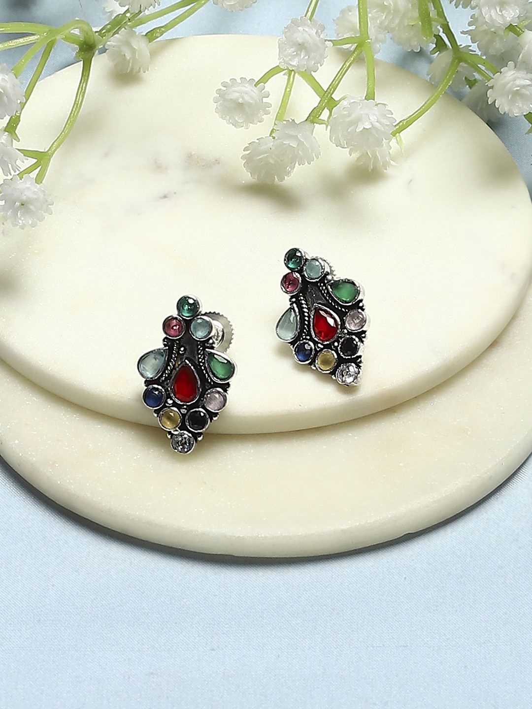 

Biba Silver-Plated Stone Studded Contemporary Studs Earrings
