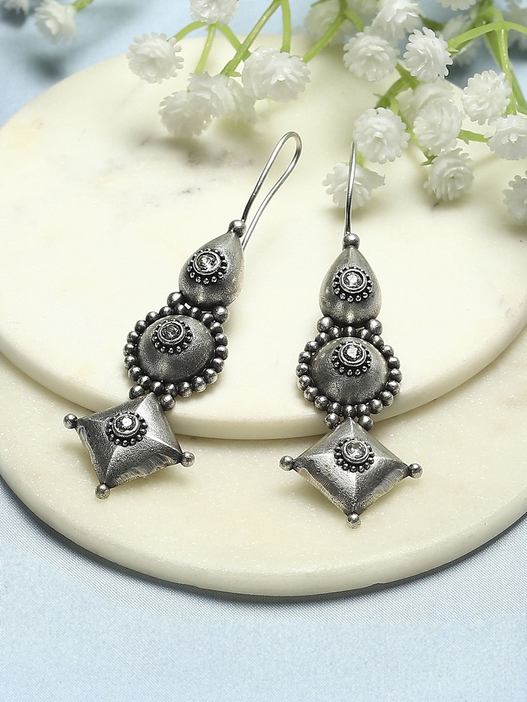 

Biba Silver-Plated Stone Studded Contemporary Oxidised Drop Earrings