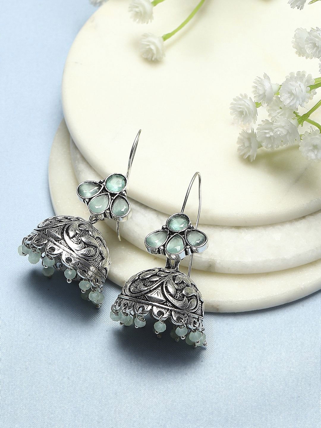 

Biba Silver-Plated Stone Studded & Beaded Contemporary Jhumkas