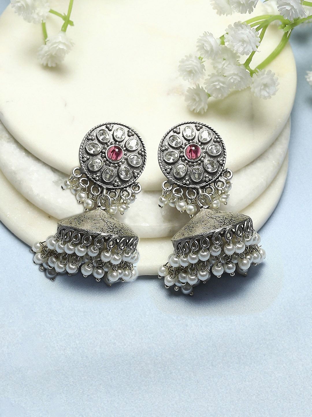 

Biba Silver Plated Stone Studded & Beaded Dome Shaped Jhumkas