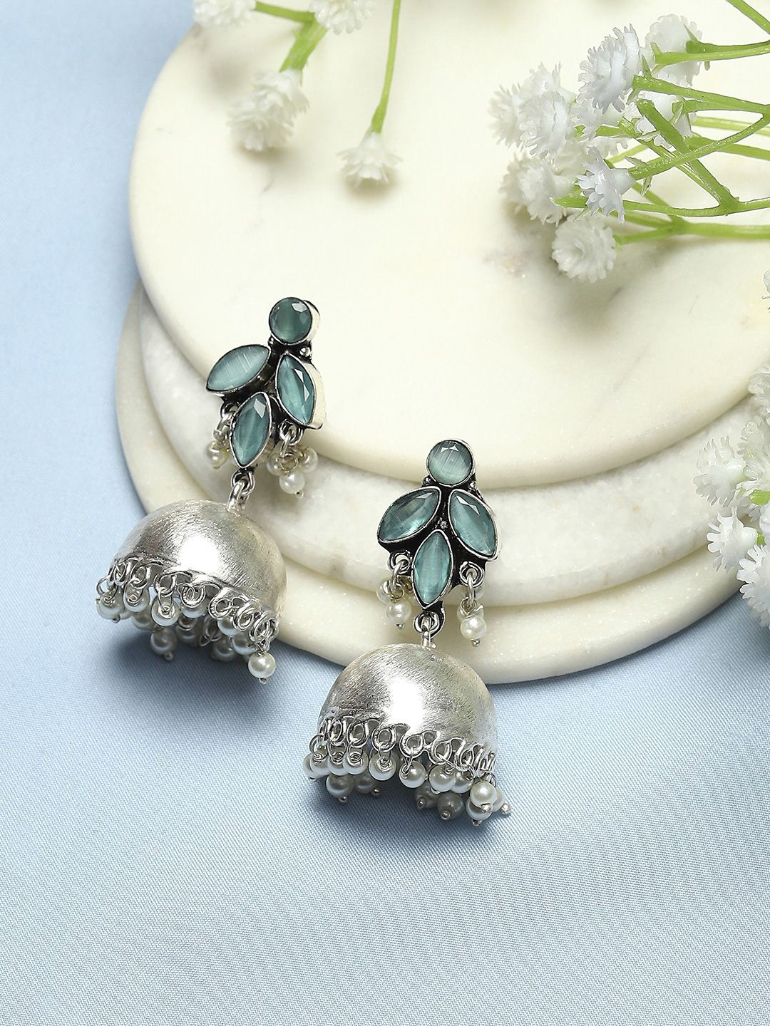 

Biba Silver Plated Stone Studded & Beaded Dome Shaped Jhumkas