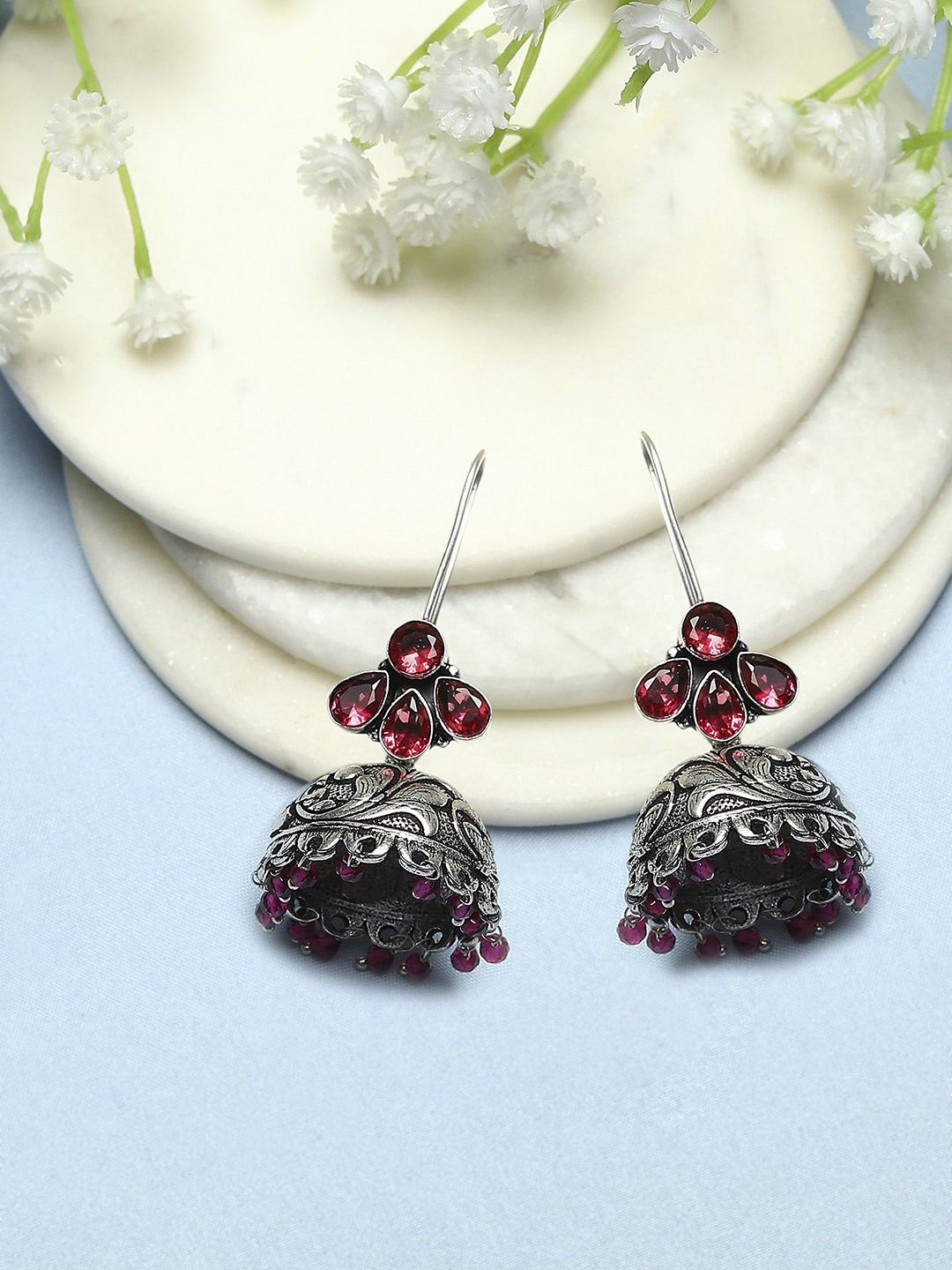 

Biba Silver Plated Stone Studded & Beaded Dome Shaped Jhumkas